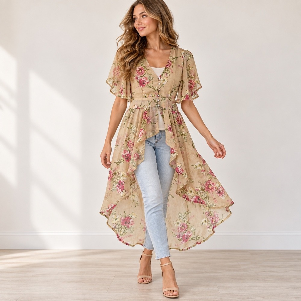 Floral Chiffon Duster Tunic Size S High Low Flutter Sleeve Cottagecore Fairycore